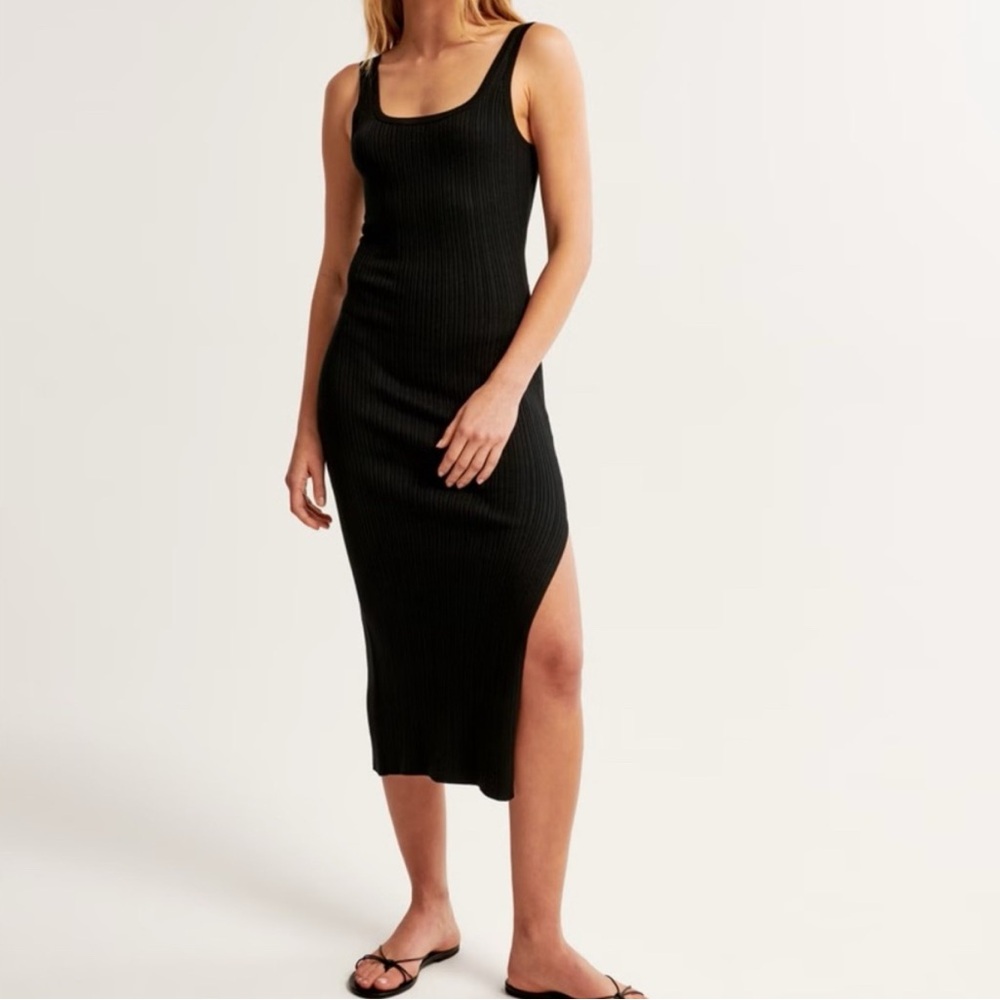 Abercrombie & Fitch Black Ribbed Midi Dress with Side Slit